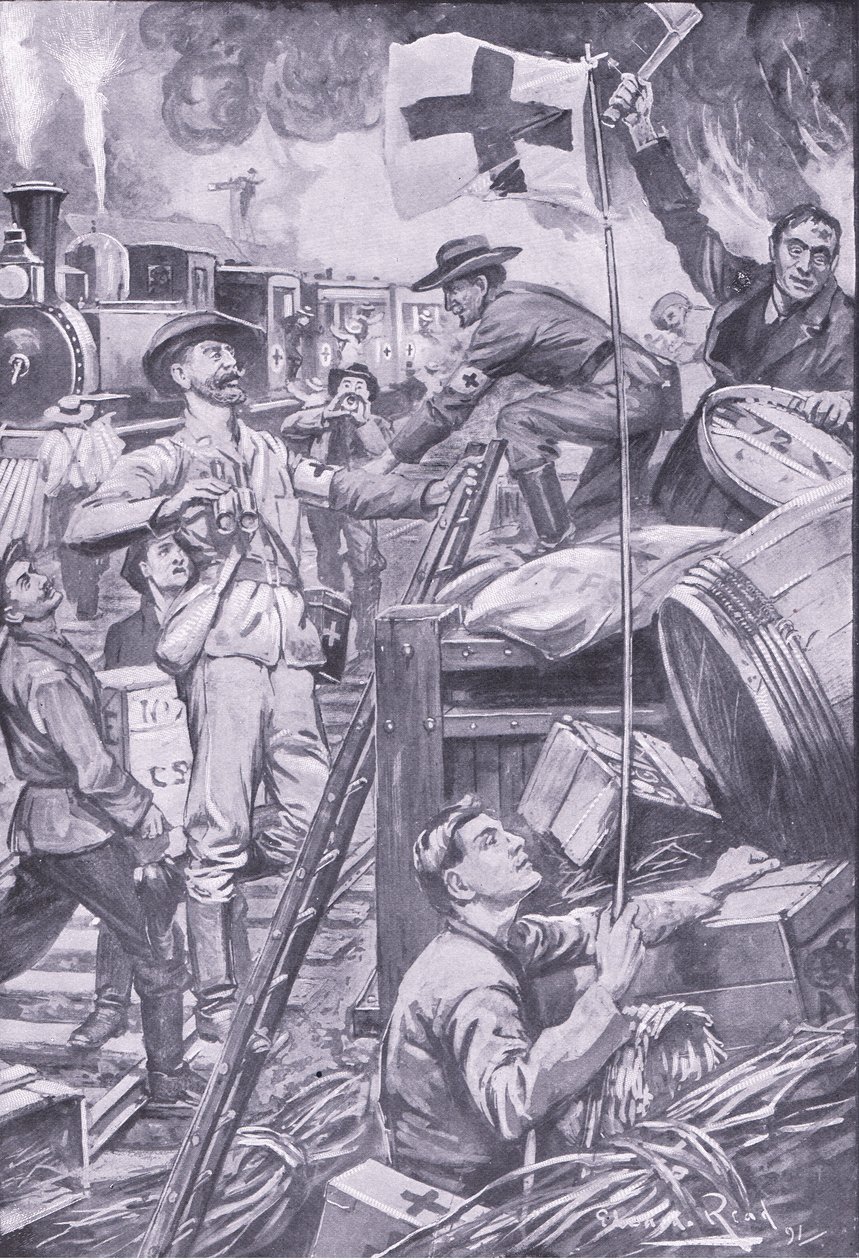 Falsk ambulansemann ødelegger butikker ved Komati Foort under dekke av Røde Kors-flagget, illustrasjon fra After Pretoria: The Guerilla War, 1902 av Edward Read
