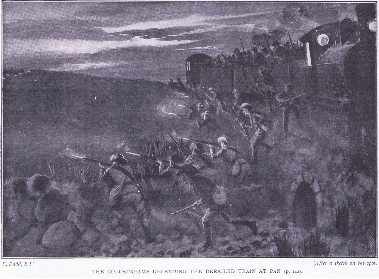 Coldstreams forsvarer et avsporet tog, illustrasjon fra After Pretoria: The Guerilla War, 1902 av Edward Read