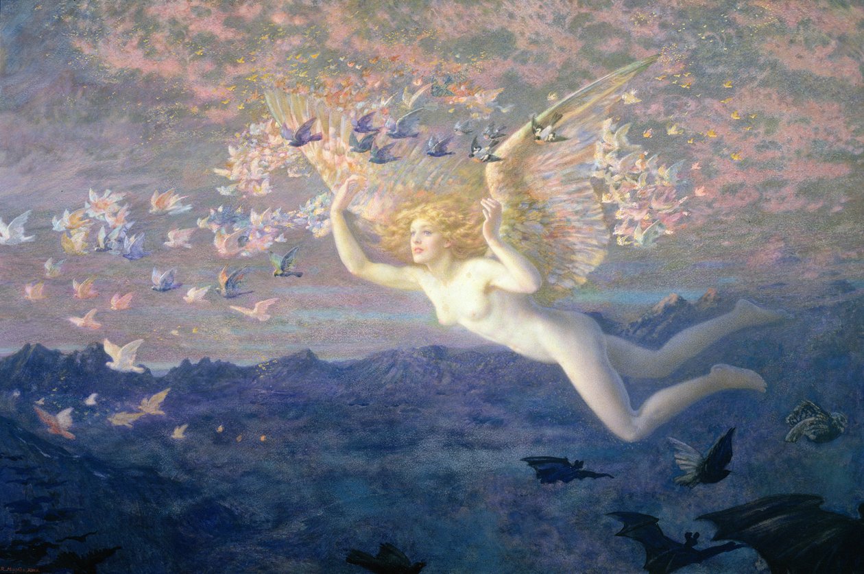 On the Wings of the Morning, 1905 (wc forsterket med kroppsfarge og gullmaling) av Edward Robert Hughes