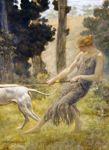 Kvinne som går tur med hunden (tempera om bord) av Edward Robert Hughes
