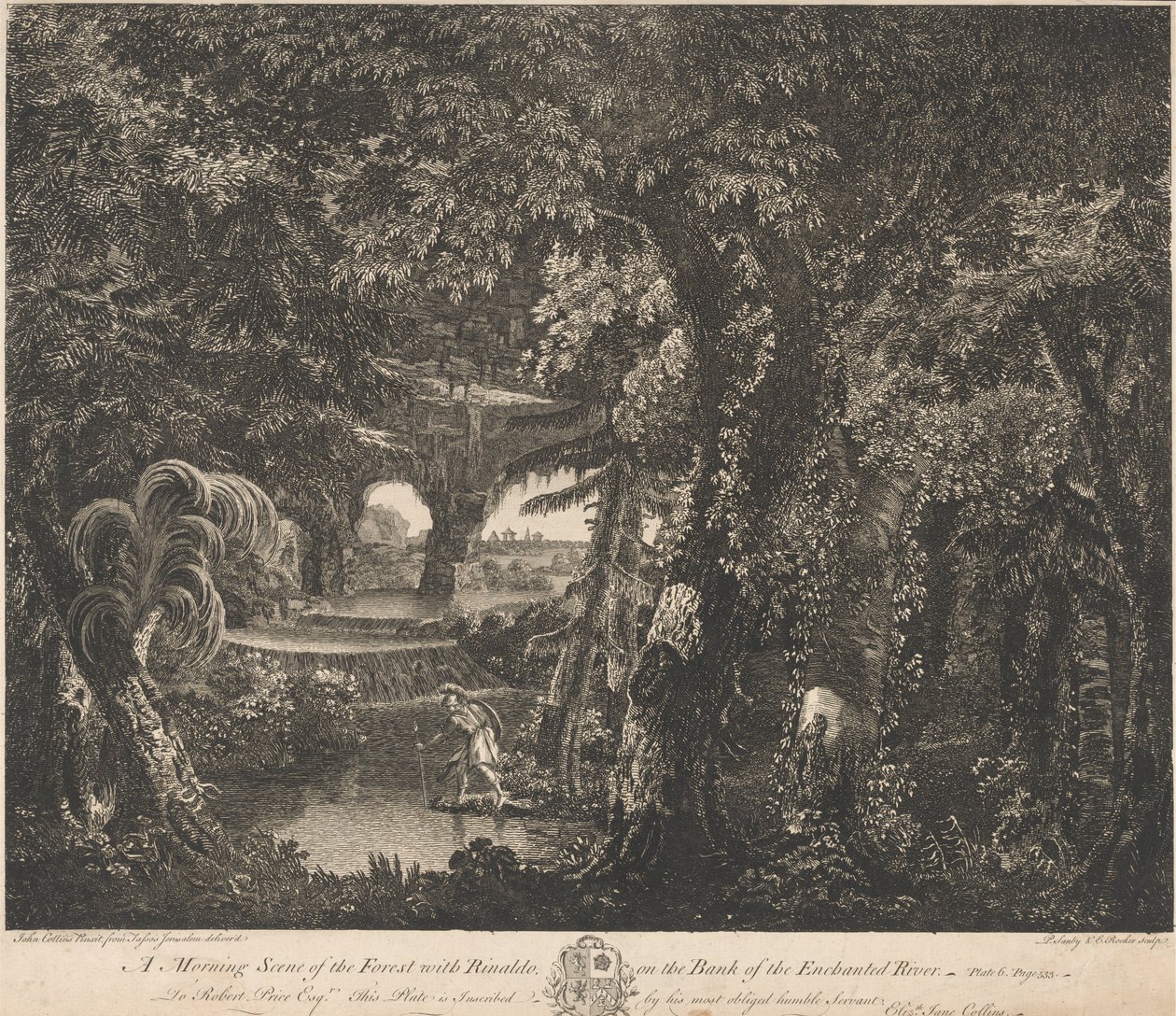 En morgenscene av skogen med Rinaldo på bredden av den fortryllede elven av Edward Rooker
