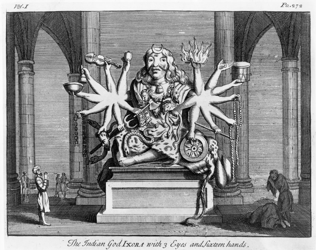 Den indiske guden Ixora med 3 øyne og seksten hender, ca. 1780 av Edward Rooker