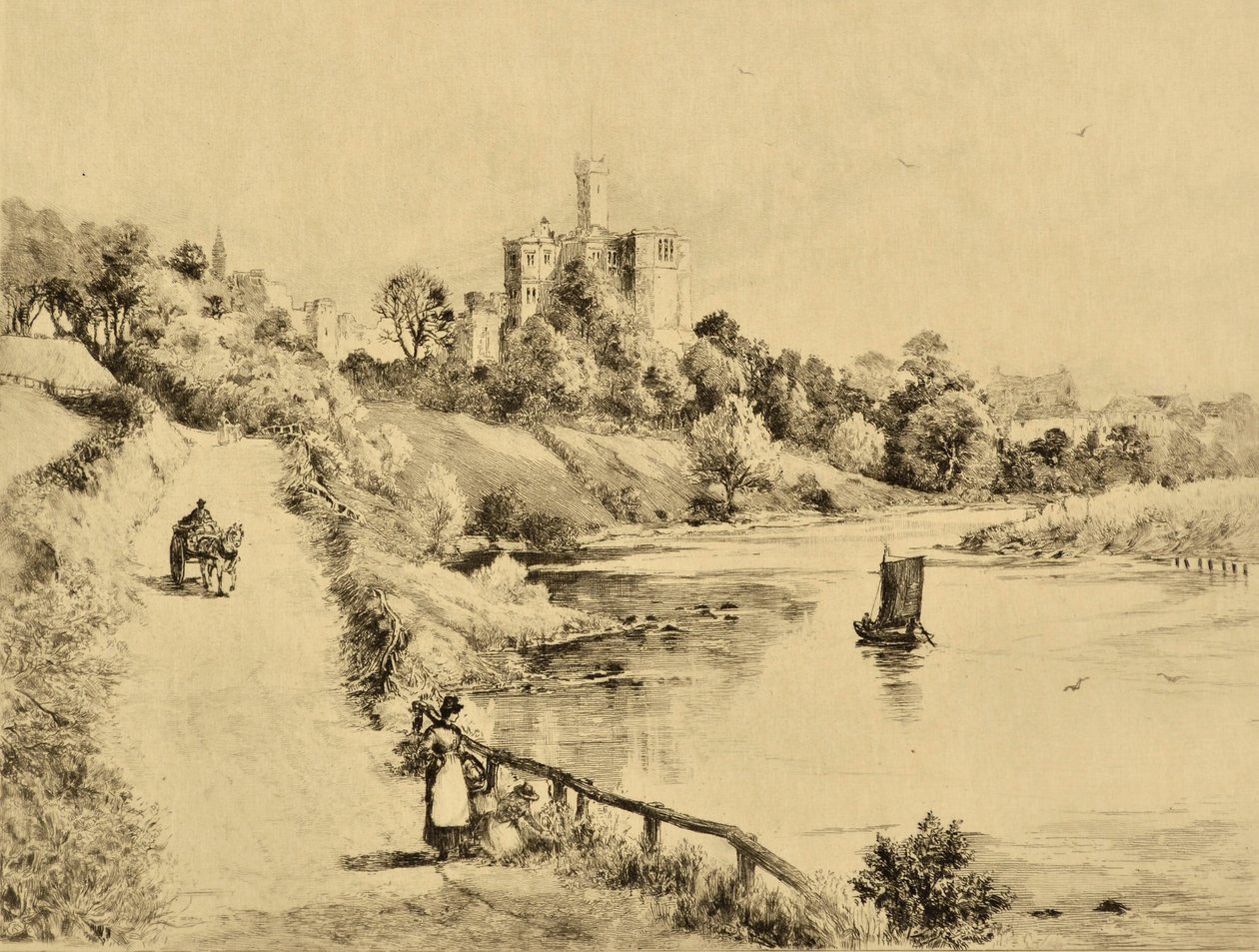 The Coquet: Warkworth Castle fra veien til Amble, ca. 1880 (radering) av Edward Slocombe