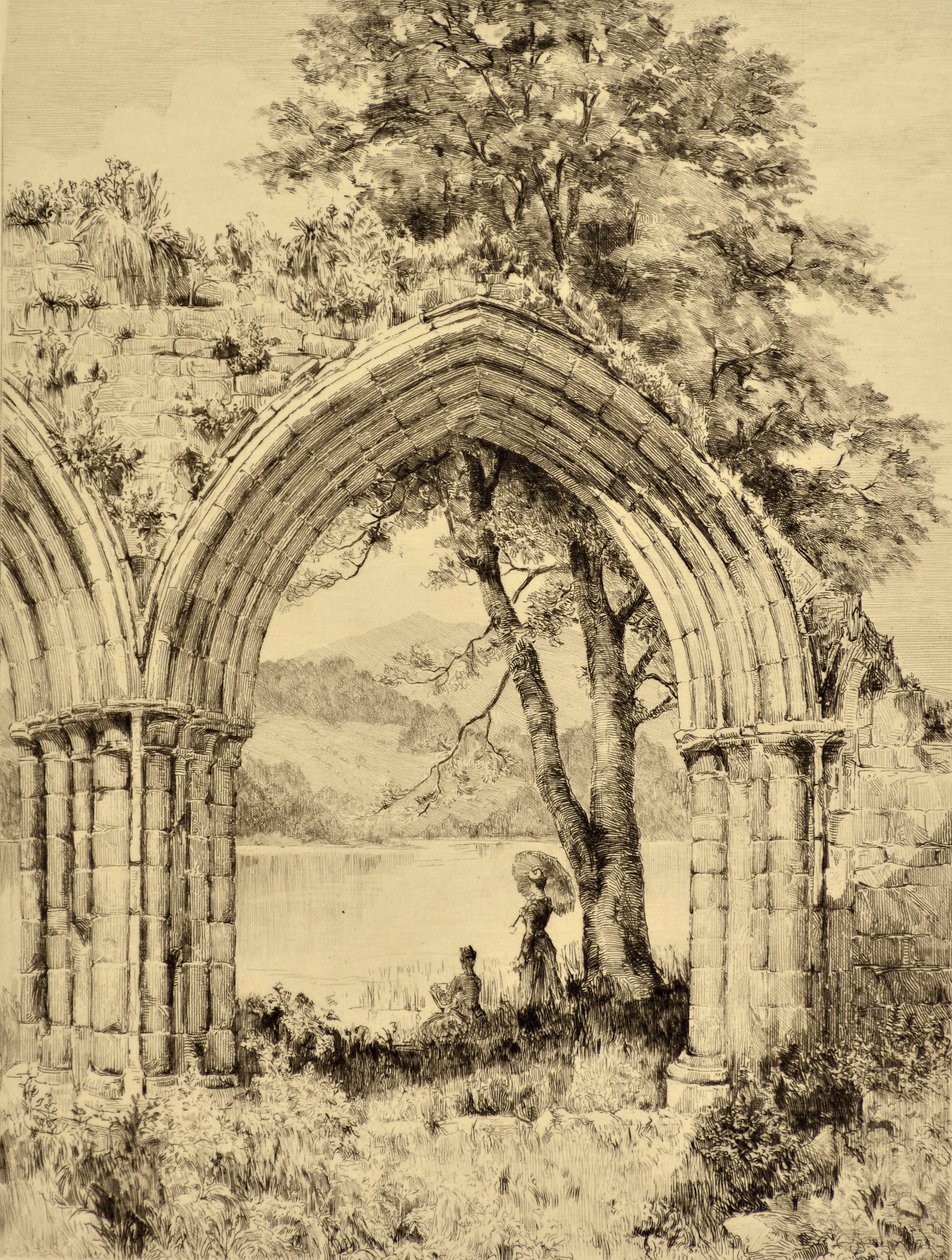 The Forth: Lake of Menteith fra Inchmahome Priory, ca. 1880 (radering) av Edward Slocombe