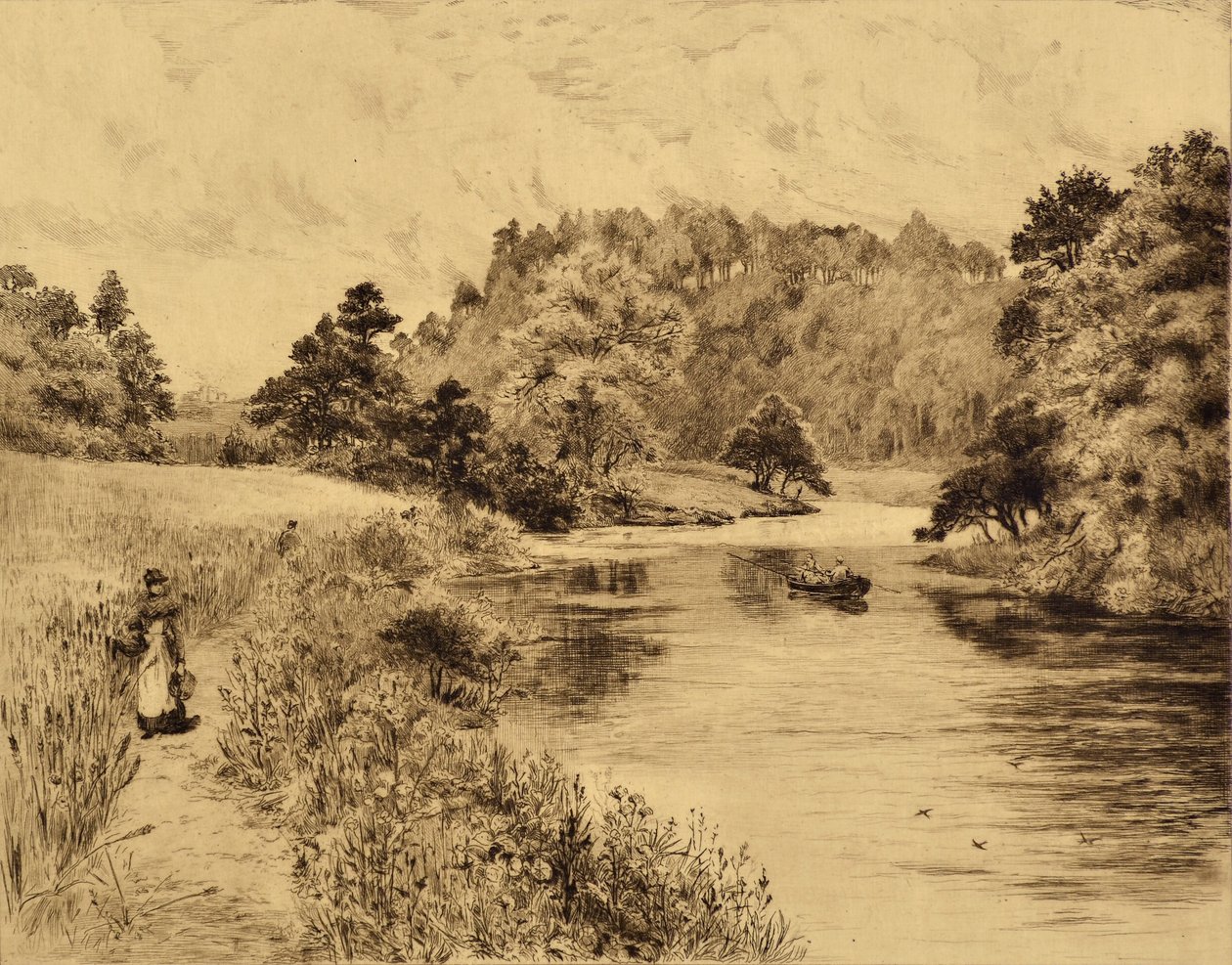 The Wear: The Wear Near Durham, ca. 1880 (etsing) av Edward Slocombe