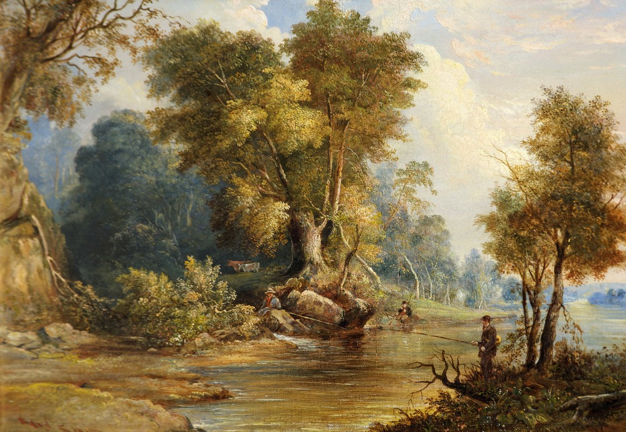River Scene with Anglers, the Leadon, Gloucestershire, ca. 1880 av Edward Smith