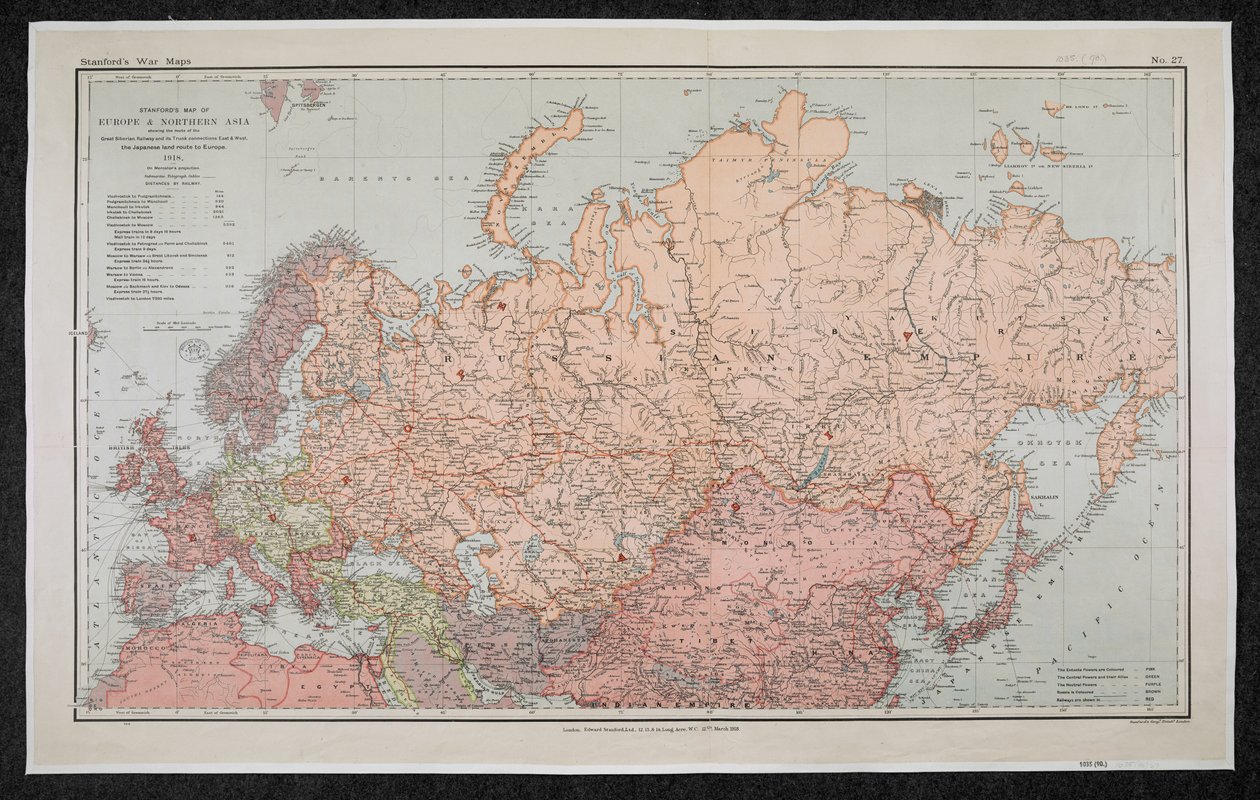 Stanfords krigskart nr. 27, kart over Europa og Nord-Asia som viser ruten til den store sibirske jernbanen og hovedforbindelsene øst og vest, den japanske landruten til Europa av Edward Stanford