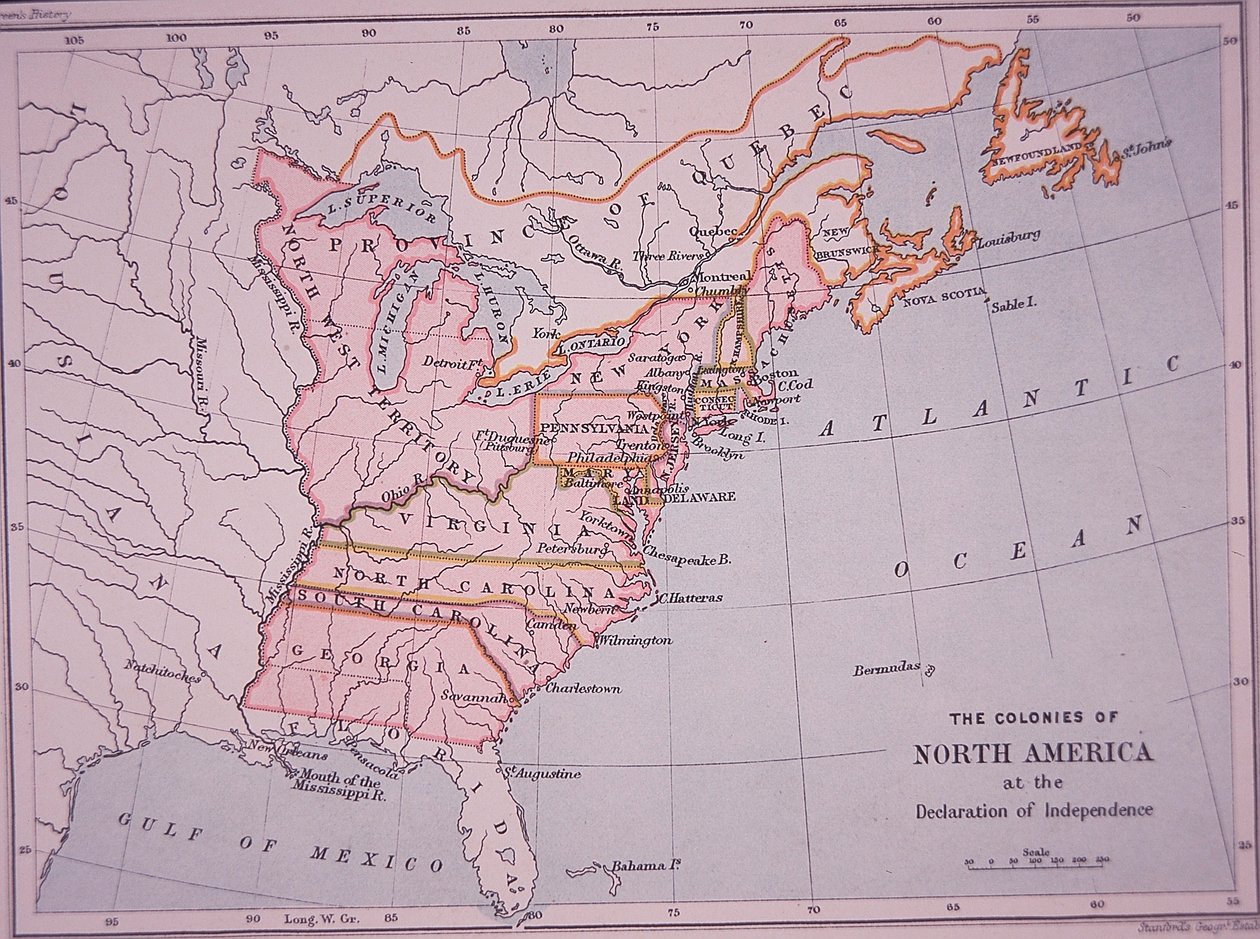 Koloniene i Nord-Amerika ved uavhengighetserklæringen (farge litho) av Edward Stanford