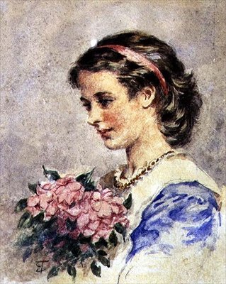 Ung jente med en haug med rosa blomster (akvarell over blyant på papir) av Edward Tayler