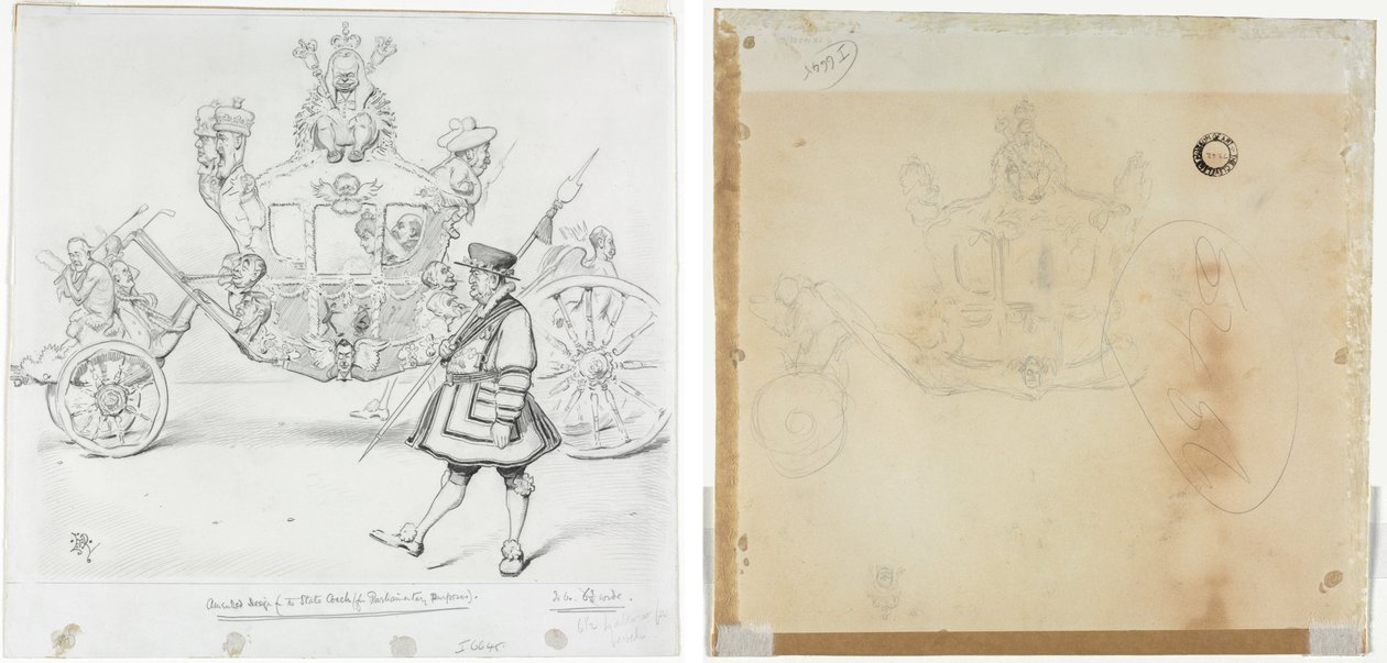 Stagecoach for parlamentariske formål (recto) Studie for førerhus og fremre venstre hjul på buss og studie for leder av kronet figur som sitter på toppen av treneren (verso) av Edward Tennyson Reed