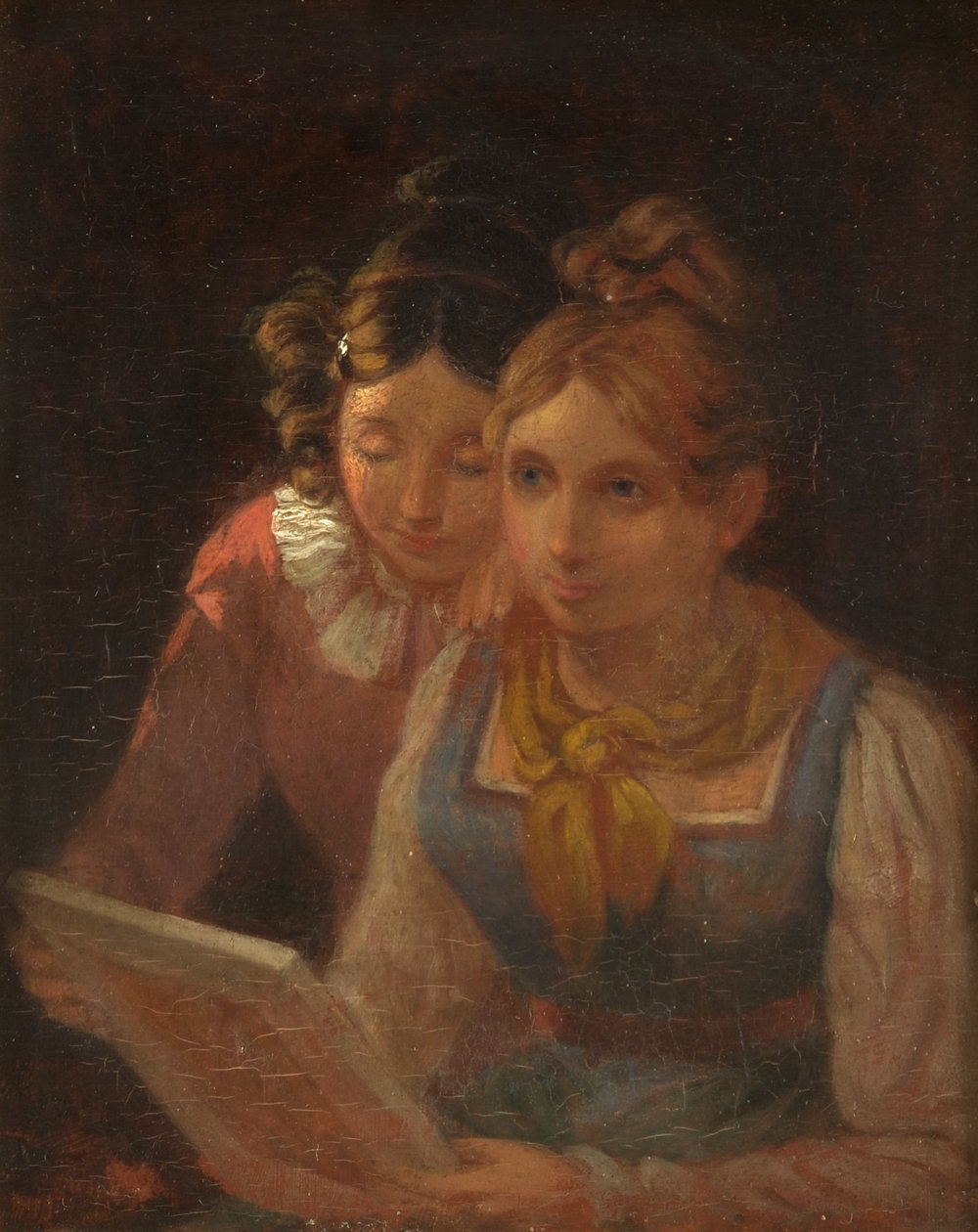 To jenter ser på et bilde, ca. 1820 (olje på panel) av Edward Villiers Rippingille