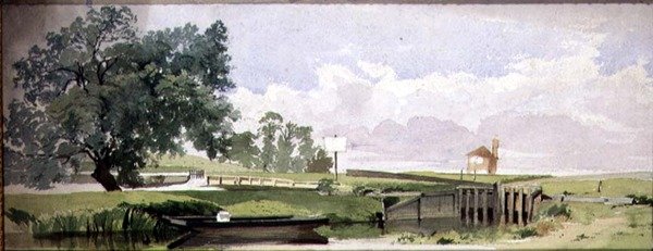 A Riverside Scene with a Lock, ca. 1860 (akvarell og blyant på papir) av Edward W. Robinson