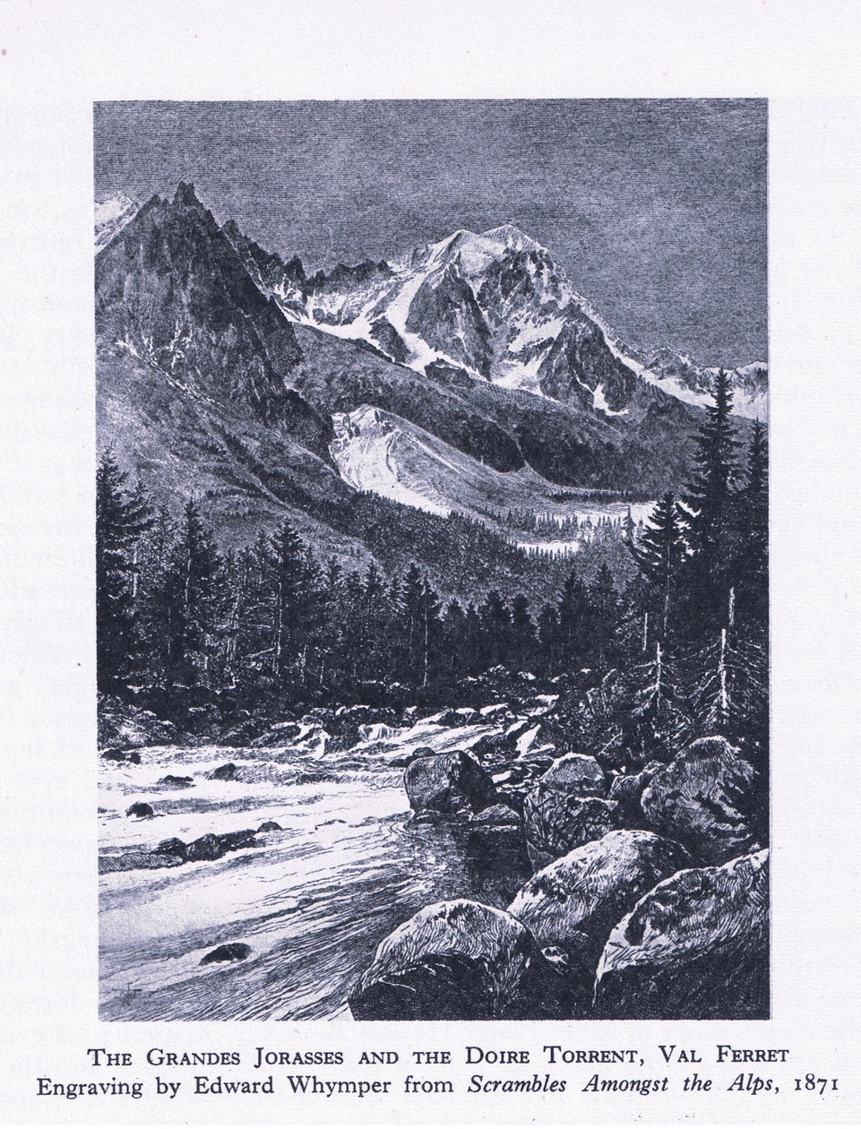 The Grand Jorasses and the Doire Torrent, Val Ferrett, fra British Adventure utgitt av Collins, 1947 av Edward Whymper
