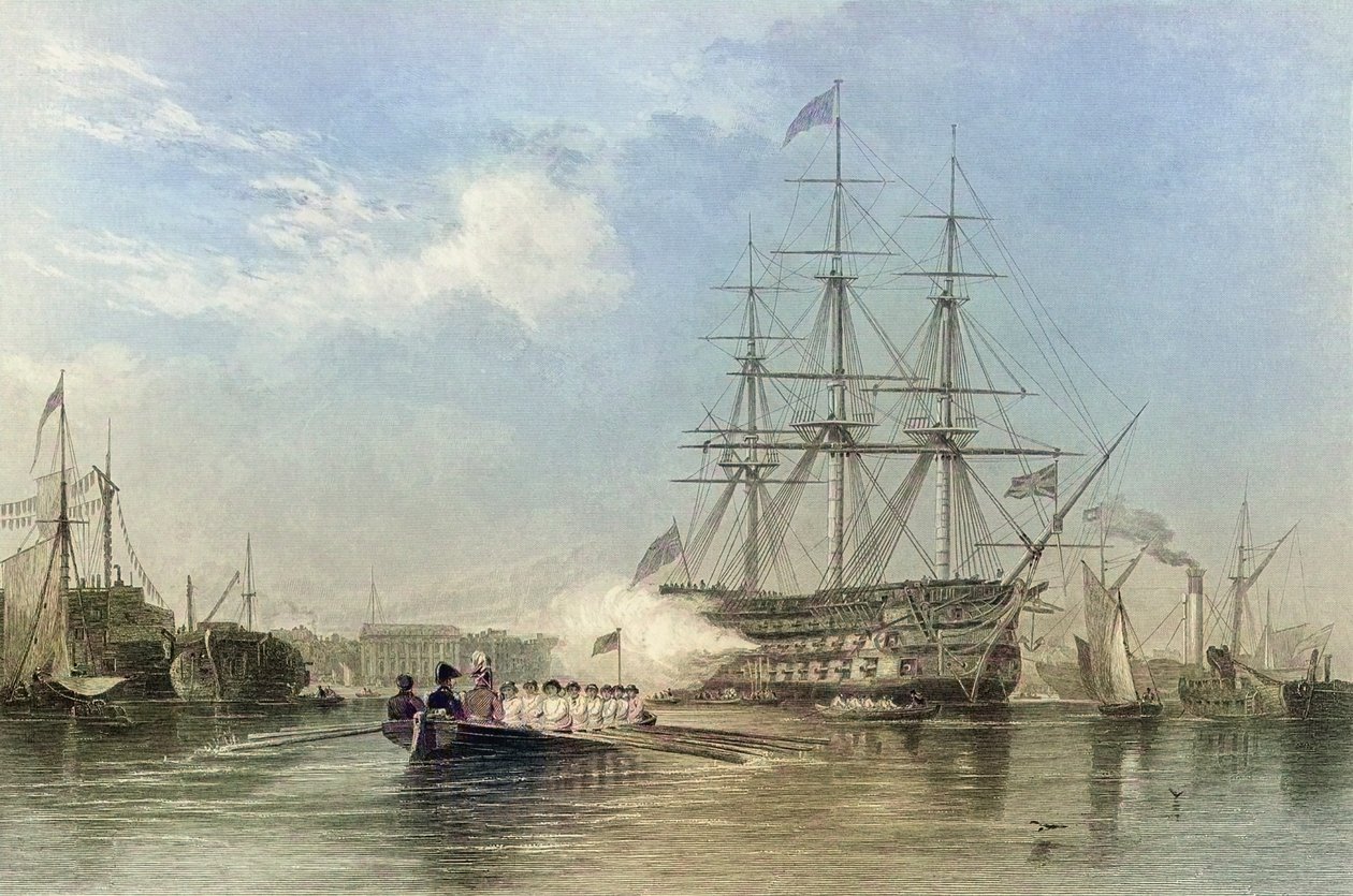 Den britiske marinens flaggskip hilser i Gosford havn, England. 1800-tallet (gravering) av Edward William (after) Cooke