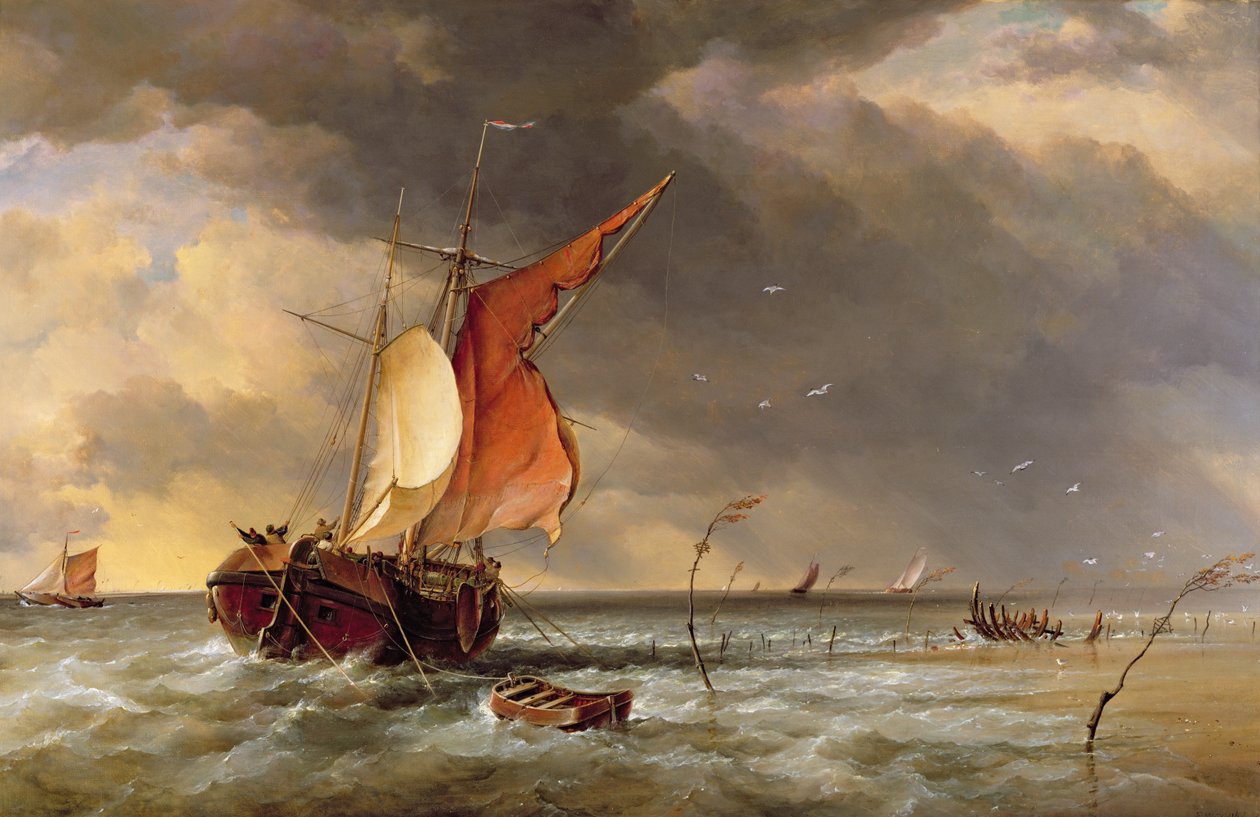 En nederlandsk Galliot på grunn på en sandbanke på Bies Bosch, Holland, 1878 av Edward William Cooke