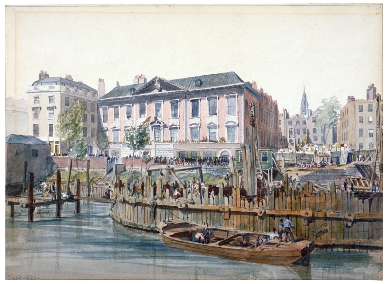 Bygging av London Bridge, 1826 av Edward William Cooke