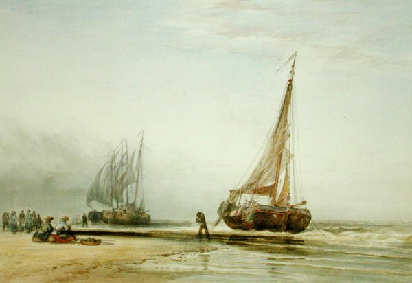 Nederlandske fiskebåter på stranden med grupper av fiskere av Edward William Cooke