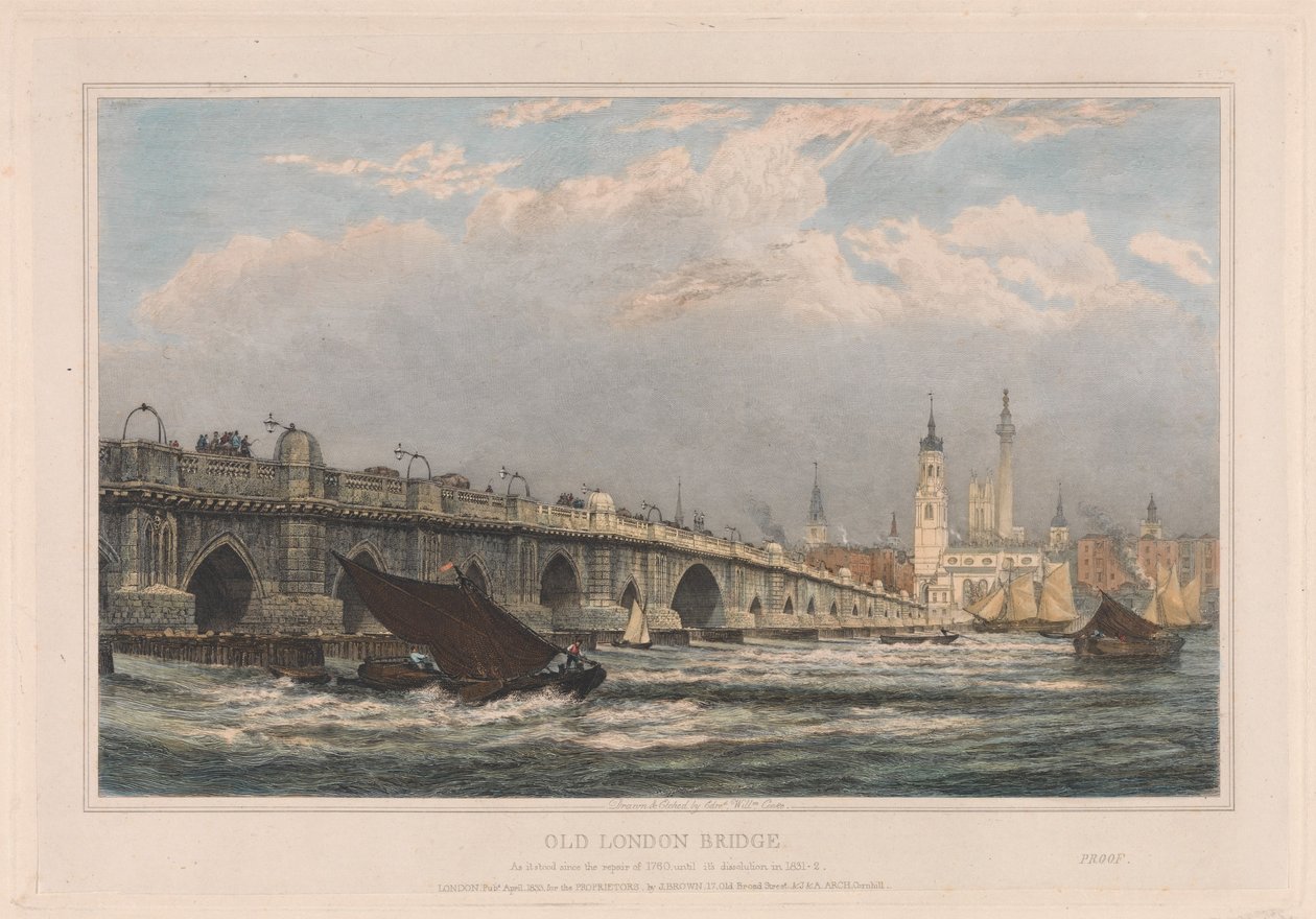 Den gamle London Bridge etter reparasjonen i 1700 fram til 1831/1832 av Edward William Cooke