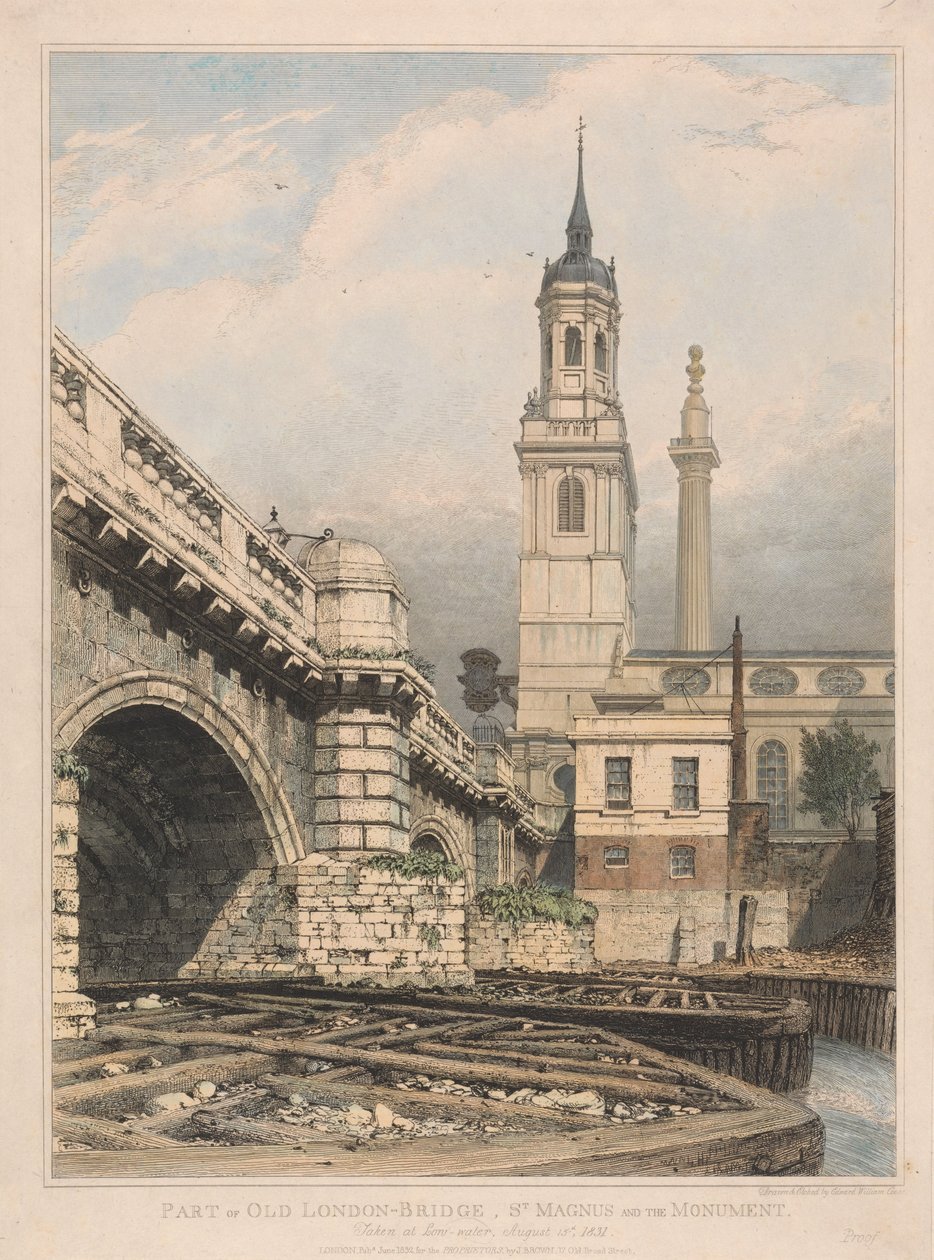 Del av den gamle London Bridge, St. Magnus og Monumentet av Edward William Cooke