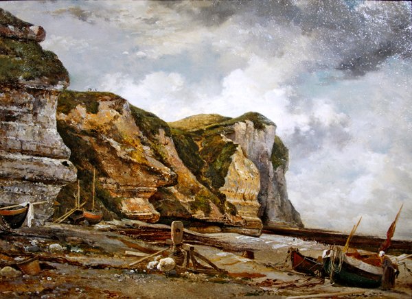 Steiner ved lavt vann med West Falaise (Etretat-klipper og båter) av Edward William Cooke