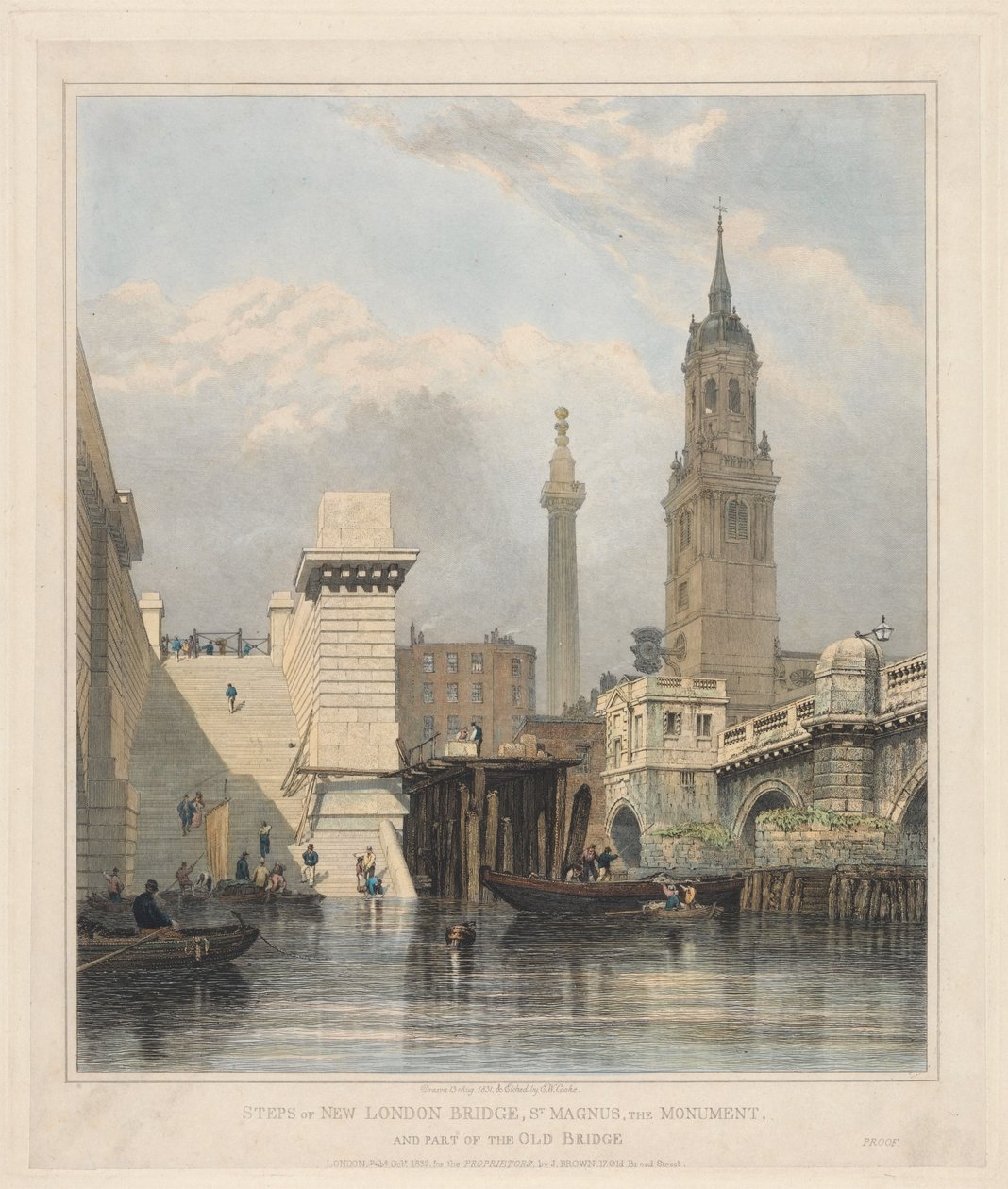 Trappene ved den nye London Bridge, St. Magnus, Monumentet og en del av den gamle broen av Edward William Cooke