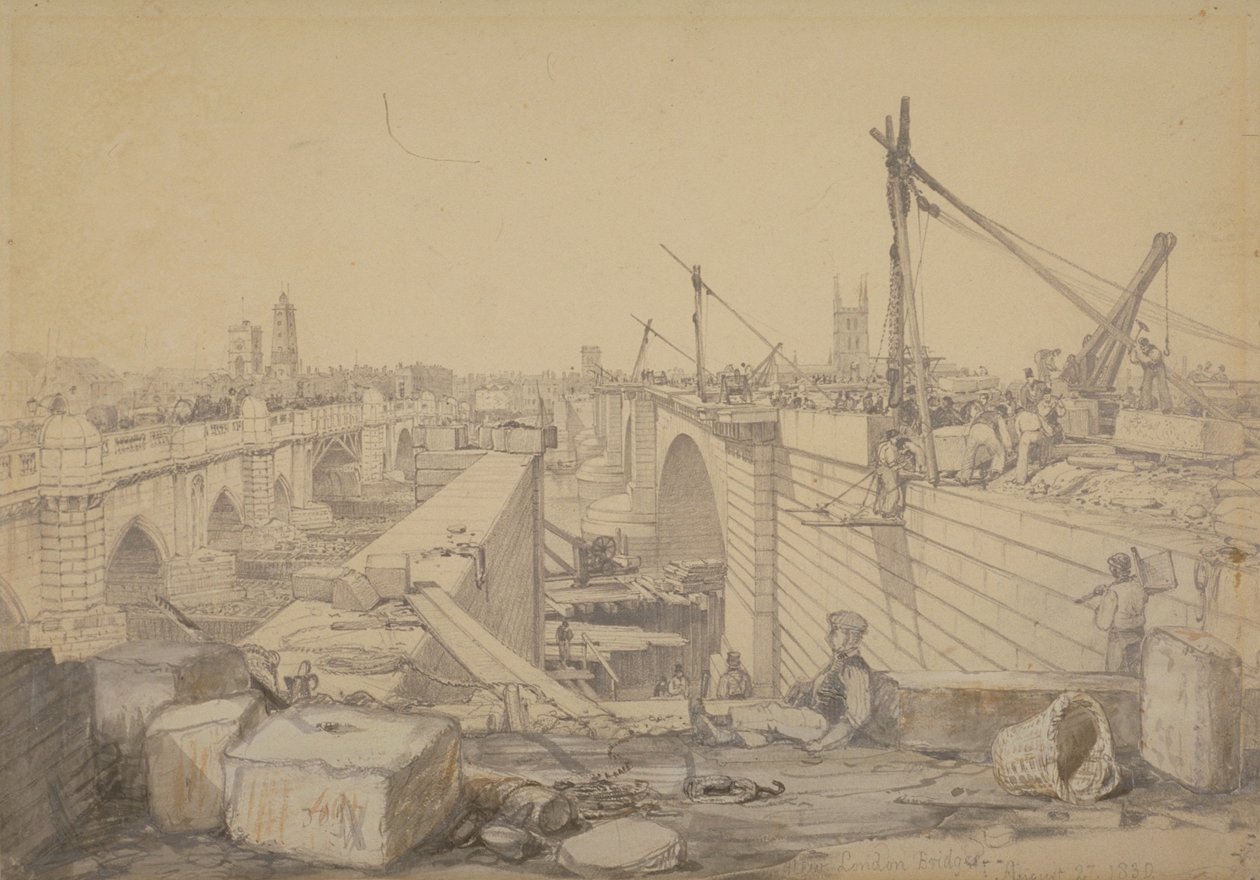 Byggingen av London Bridge, 1830 av Edward William Cooke