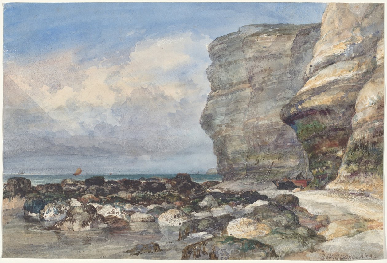 Den steinete stranden og klippene ved Fécamp av Edward William Cooke