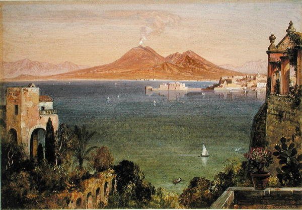 Vesuv og Castel del Oro, Napoli, sett fra Villa Cedrino, Posillipo (olje på papir lagt om bord) av Edward William Cooke