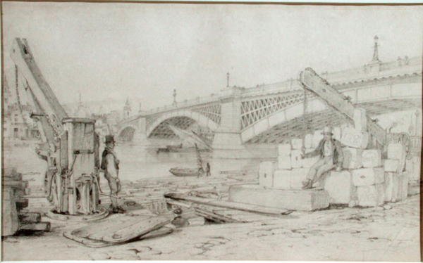 Utsikt over Southwark Bridge og Themsen fra Bankside, med to boretårn i forgrunnen av Edward William Cooke