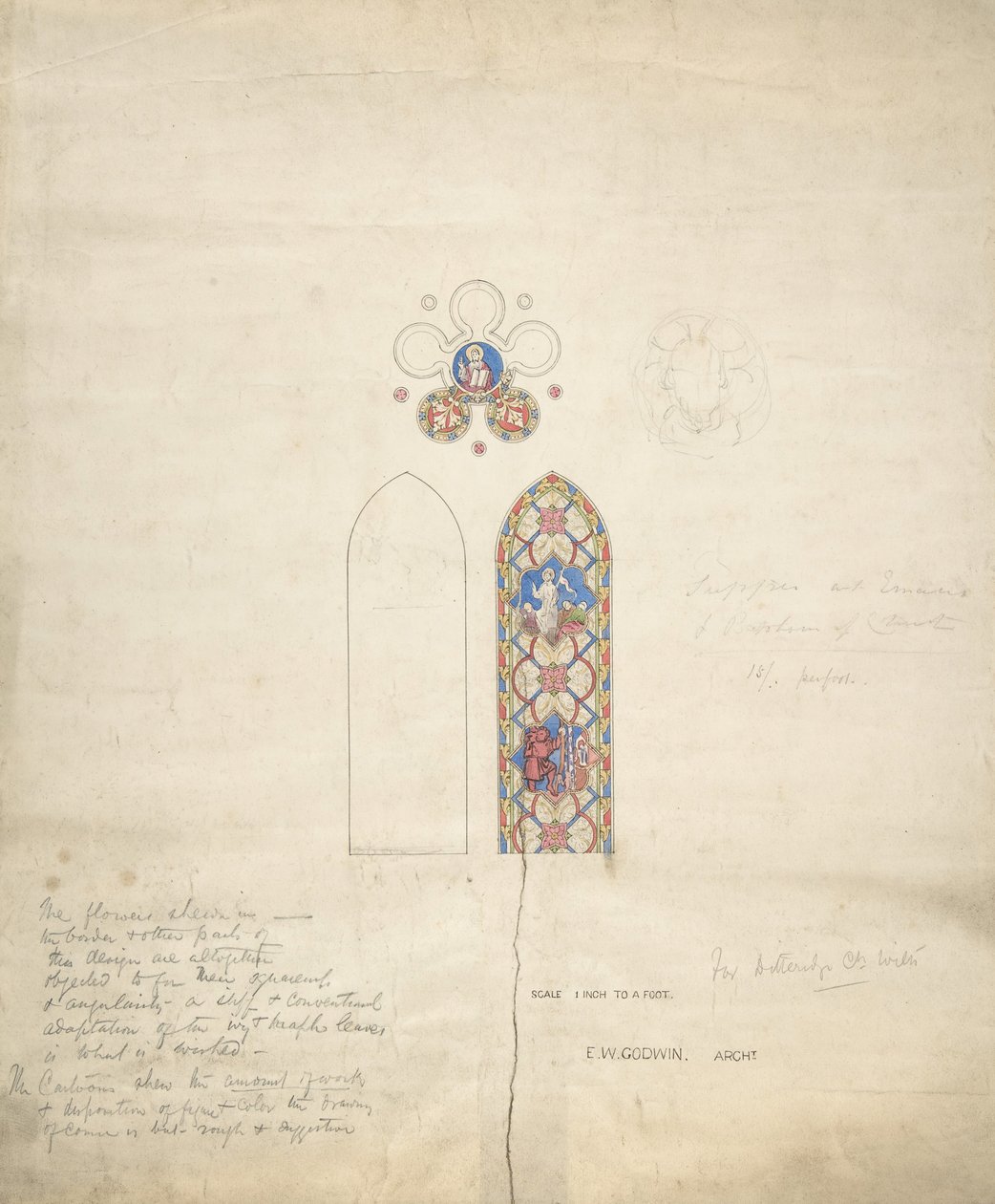 Design for glassmalerier i Ditteridge Church, ca. 1859. av Edward William Godwin