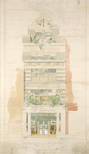Design for fasaden til McLean Fine Art Galleries, Haymarket, London (akvarell og blyant på papir) (se 237077 for detaljer) av Edward William Godwin