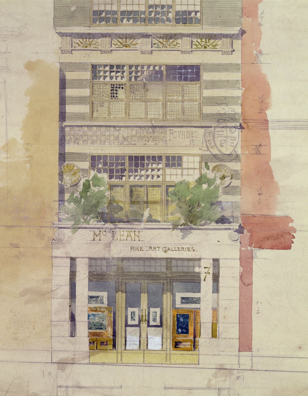 Design for fasaden til McLean Fine Art Galleries, Haymarket, London (akvarell og blyant på papir) (se også 176480) av Edward William Godwin