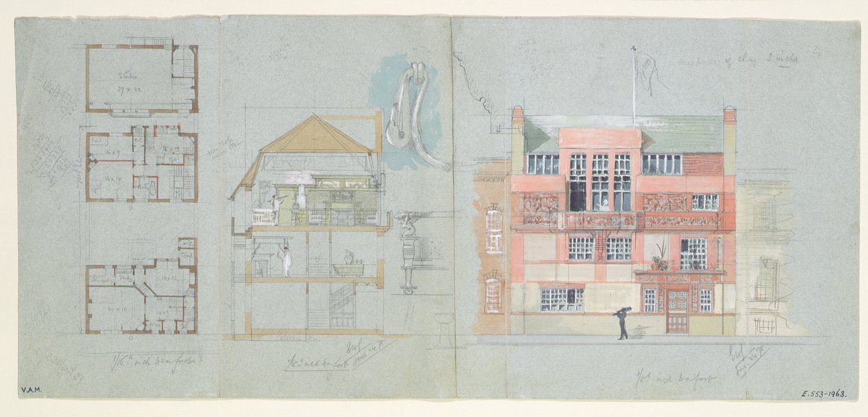 Forhøyning og seksjon for hus og studio for Frank Miles (1852-91), Tite Street, Chelsea, 1878-79 (wc og blyant på papir) (se også 176481-482, 176484-485) av Edward William Godwin