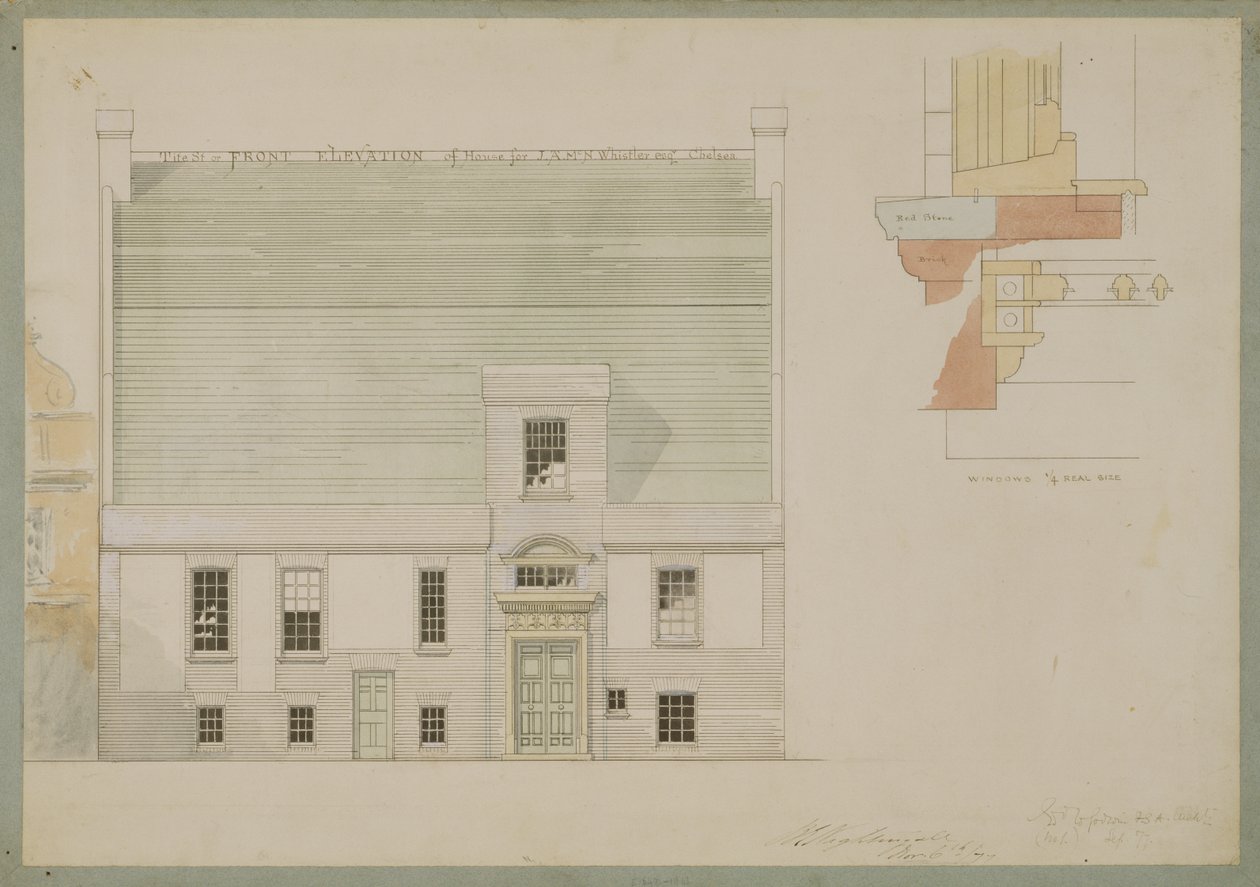 Forhøyning av huset for J.A.M. Whistler Esq, Tite Street, Chelsea, 1877 (penn og blekk og wc på papir) (se også 176476) av Edward William Godwin