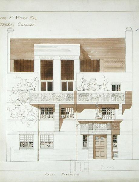 Forhøyning av studio og hus for Frank Miles (1852-91), Tite Street, Chelsea, 1878-79 (penn, blekk og vask på papir) (se også 176481-483, 176485) av Edward William Godwin