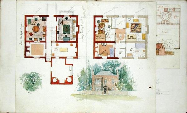 Foreslått design for et hus (akvarell og blyant på papir) av Edward William Godwin