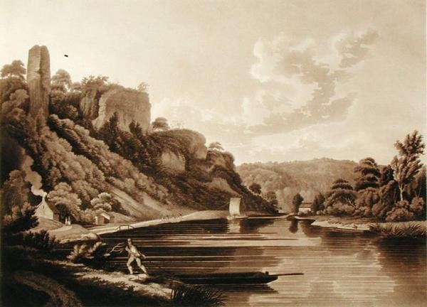 View of the New Weir on the River Wye, plate 11 fra Views of the River Wye, gravert av F. Jukes, 1800 (akvatint) av Edward (after) Dayes