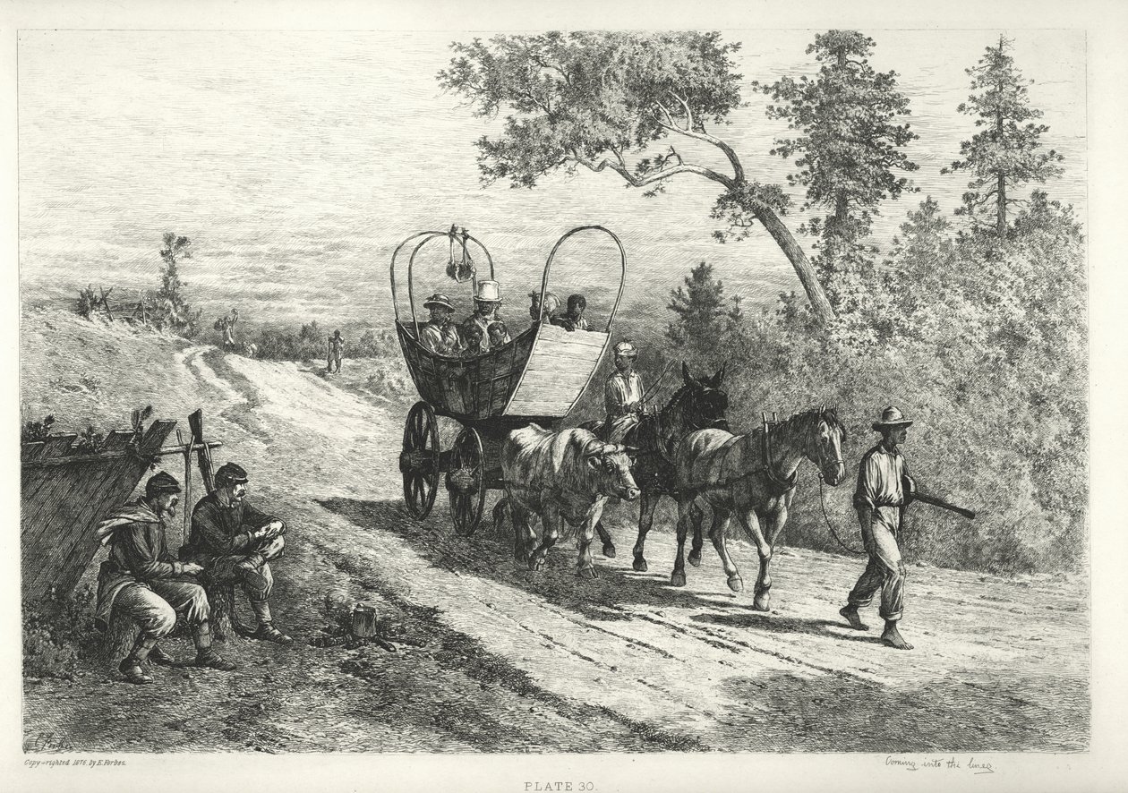 Trykk av en vogn som tegnes av en okse, muldyr og hest av Edwin Austin Forbes