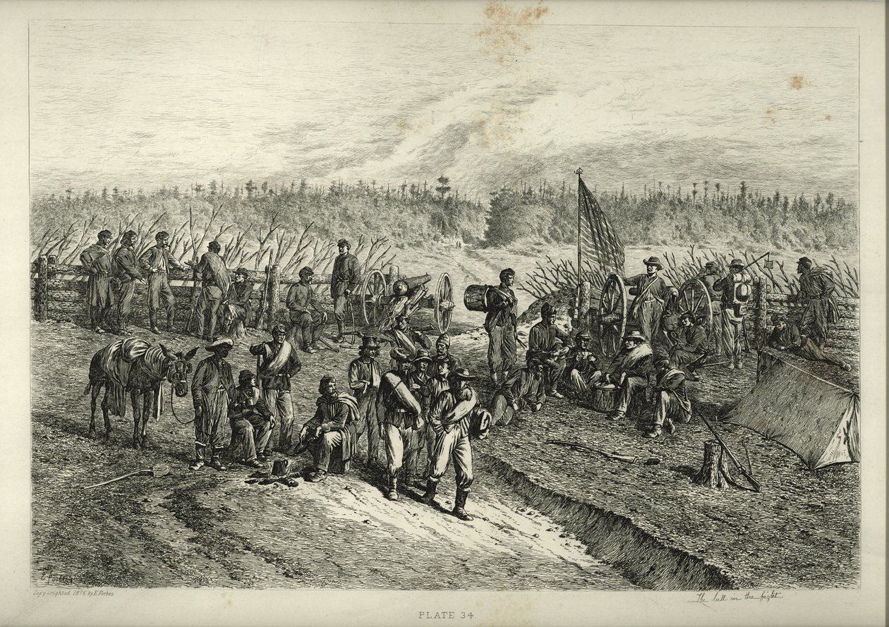 Trykk av soldater som venter på frontlinjene bak en barrikade. Tre soldater og en afroamerikansk mann med muldyr står og sitter rundt et bål, mens en gruppe andre soldater går forbi. av Edwin Austin Forbes