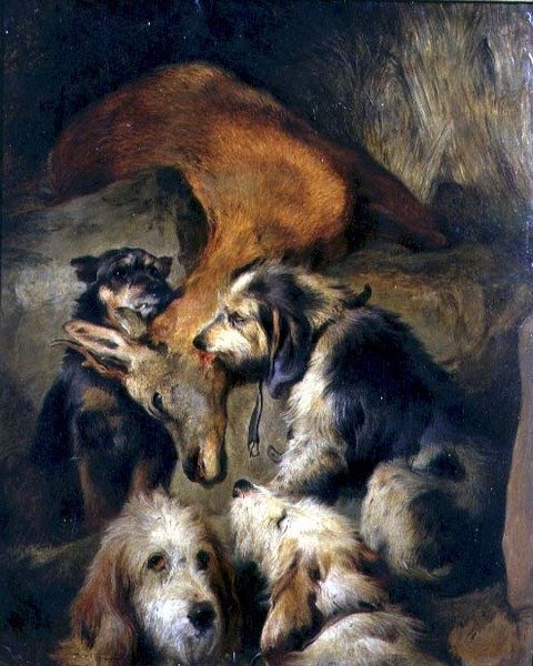 En hjorts død (olje om bord) av Edwin (attr. to) Landseer