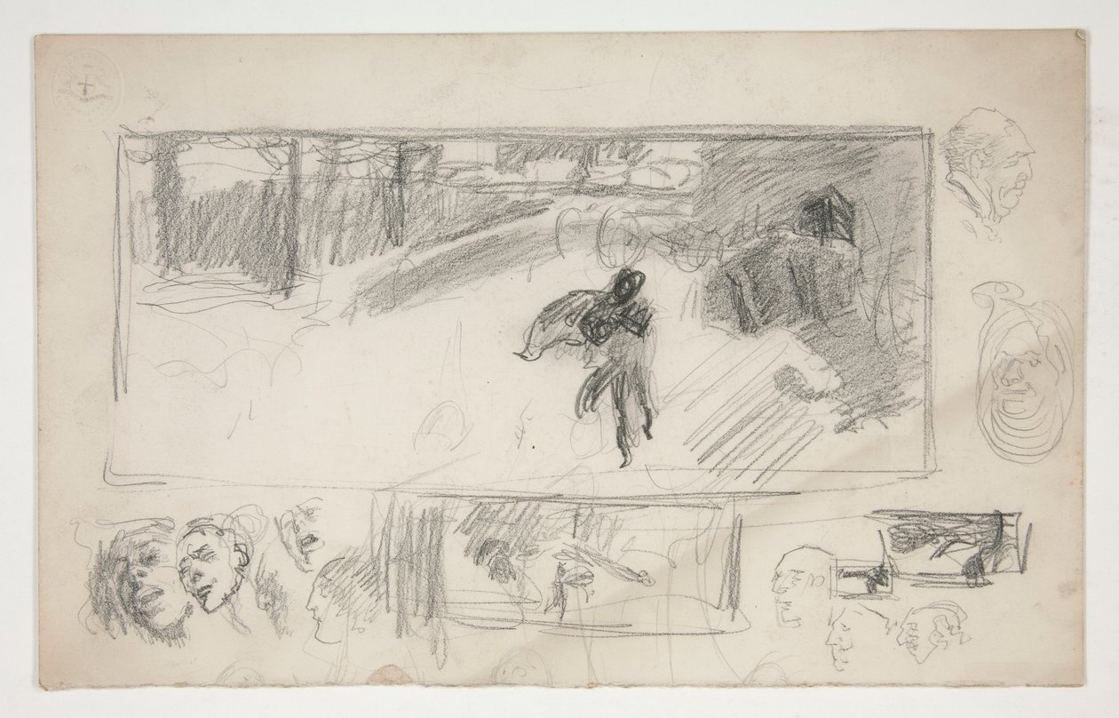 Assorterte skisser (recto); Skisse av en mann i en kappe (verso) av Edwin Austin Abbey