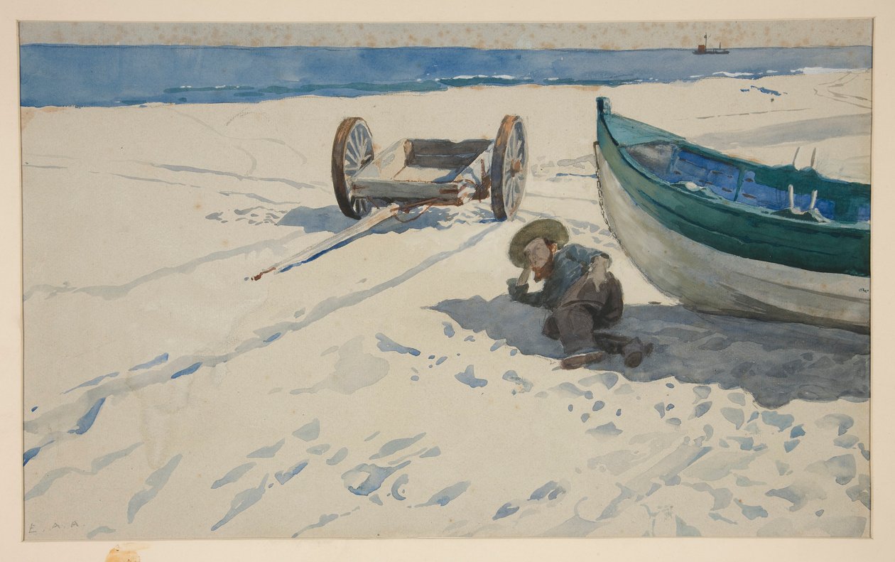 Strandscene med Man Resting in Shadow of Boat av Edwin Austin Abbey