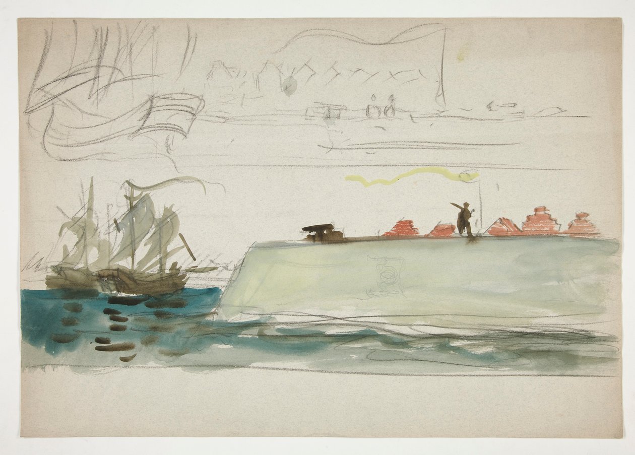 Båter til sjøs: slagskip i forgrunnen, seilbåt i avstand - (uidentifisert illustrasjon) av Edwin Austin Abbey