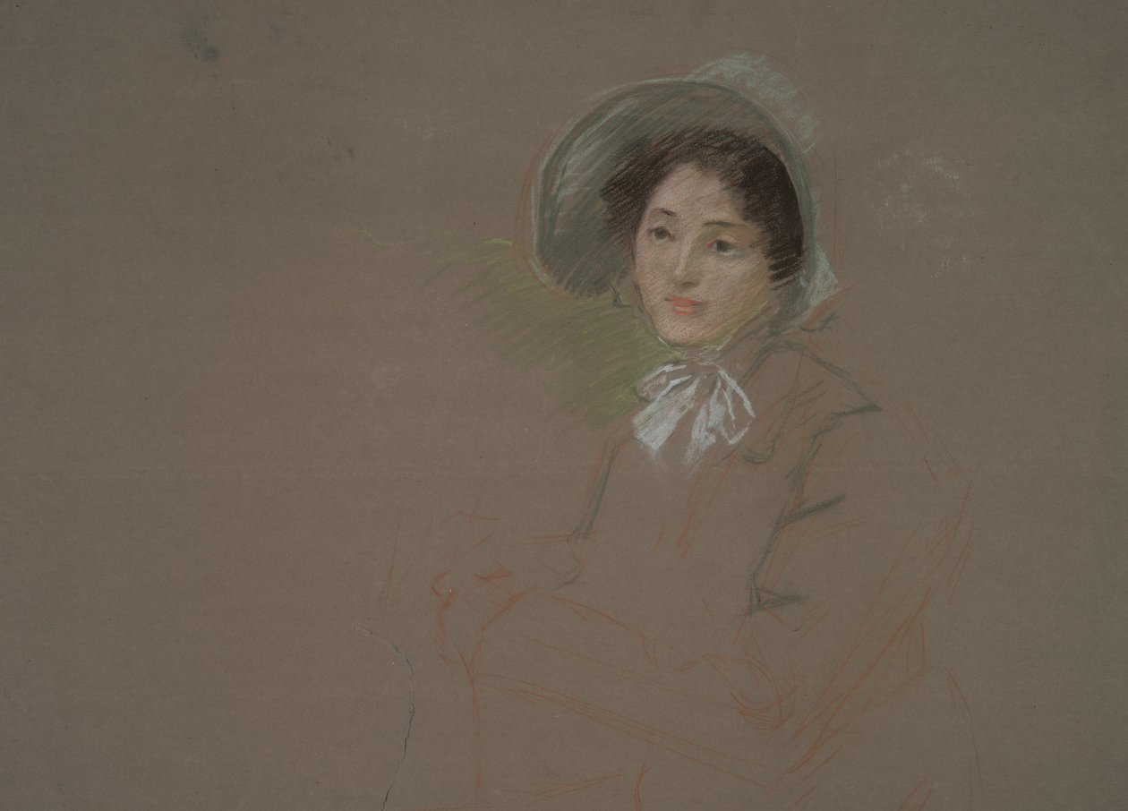 Skisse i bystelengde av en kvinne med panser av Edwin Austin Abbey