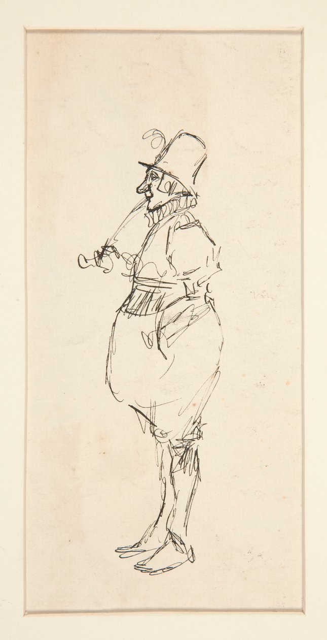 Tegneserie av en mann i pantaloons av Edwin Austin Abbey