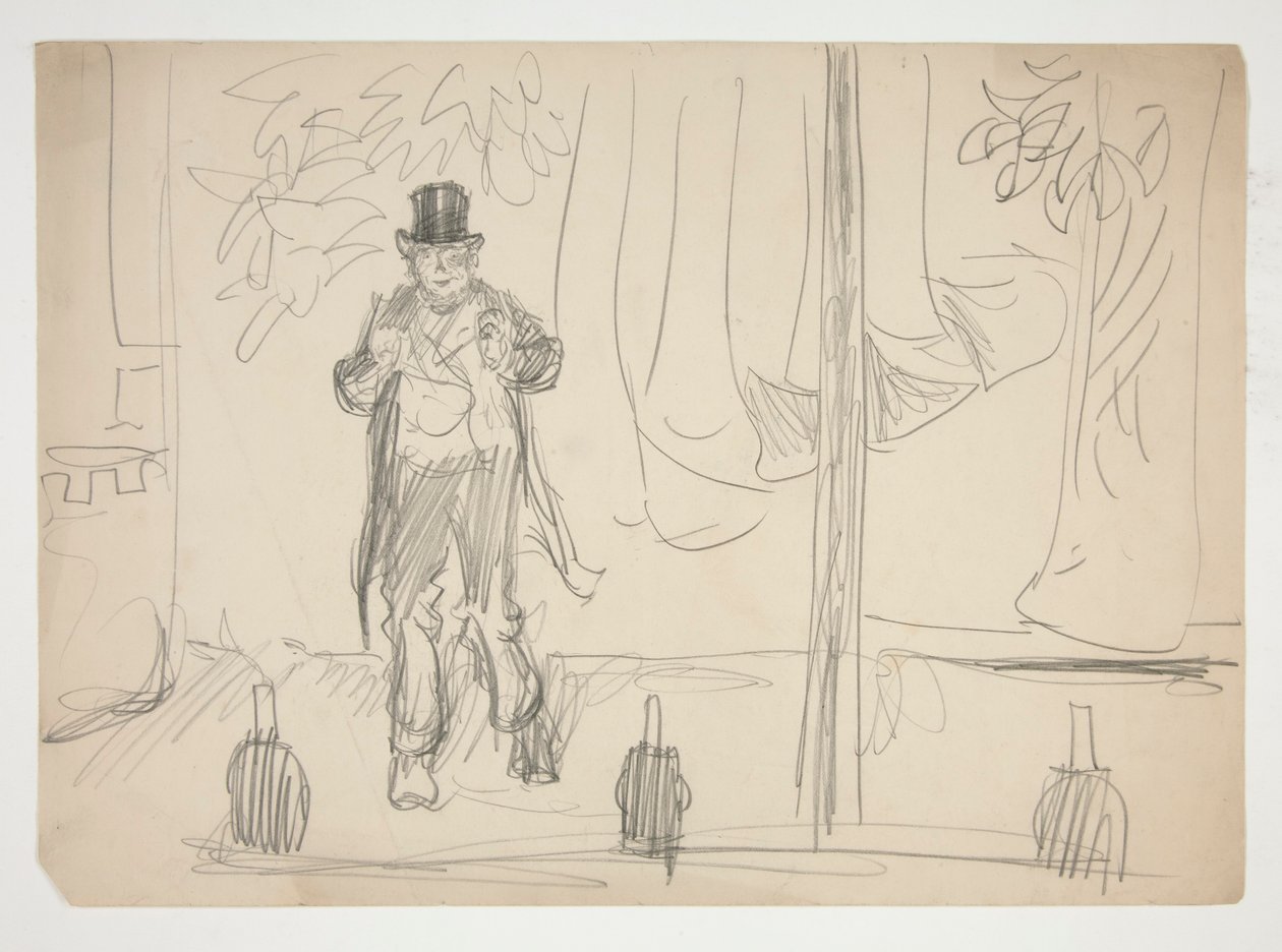 Tegneserie av en skuespiller på scenen(?) - uidentifisert illustrasjon av Edwin Austin Abbey