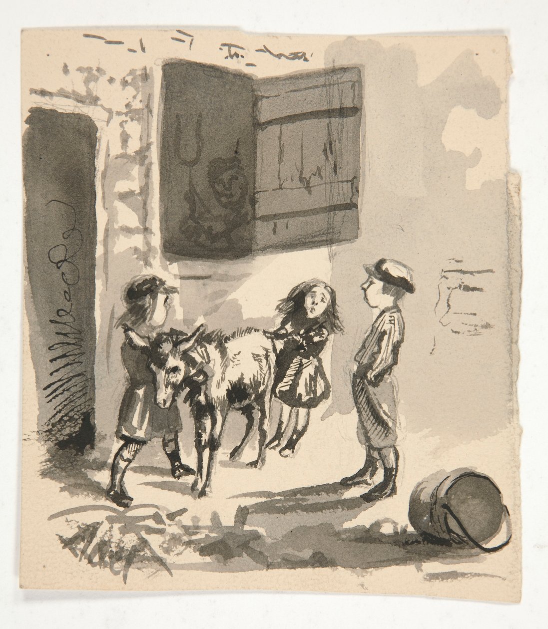 Barn med esel (recto); Uidentifisert illustrasjon av en orgelkvern (verso) av Edwin Austin Abbey