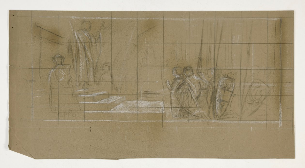 Komposisjonsstudie for The Departure, fra The Quest of the Holy Grail (en serie på femten malerier for Boston Public Library, fullført i 1901) av Edwin Austin Abbey