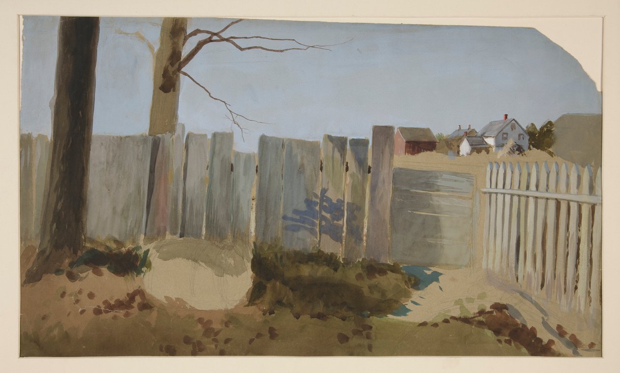 Landlig scene: gjerde, åker, gårdshus i avstand av Edwin Austin Abbey