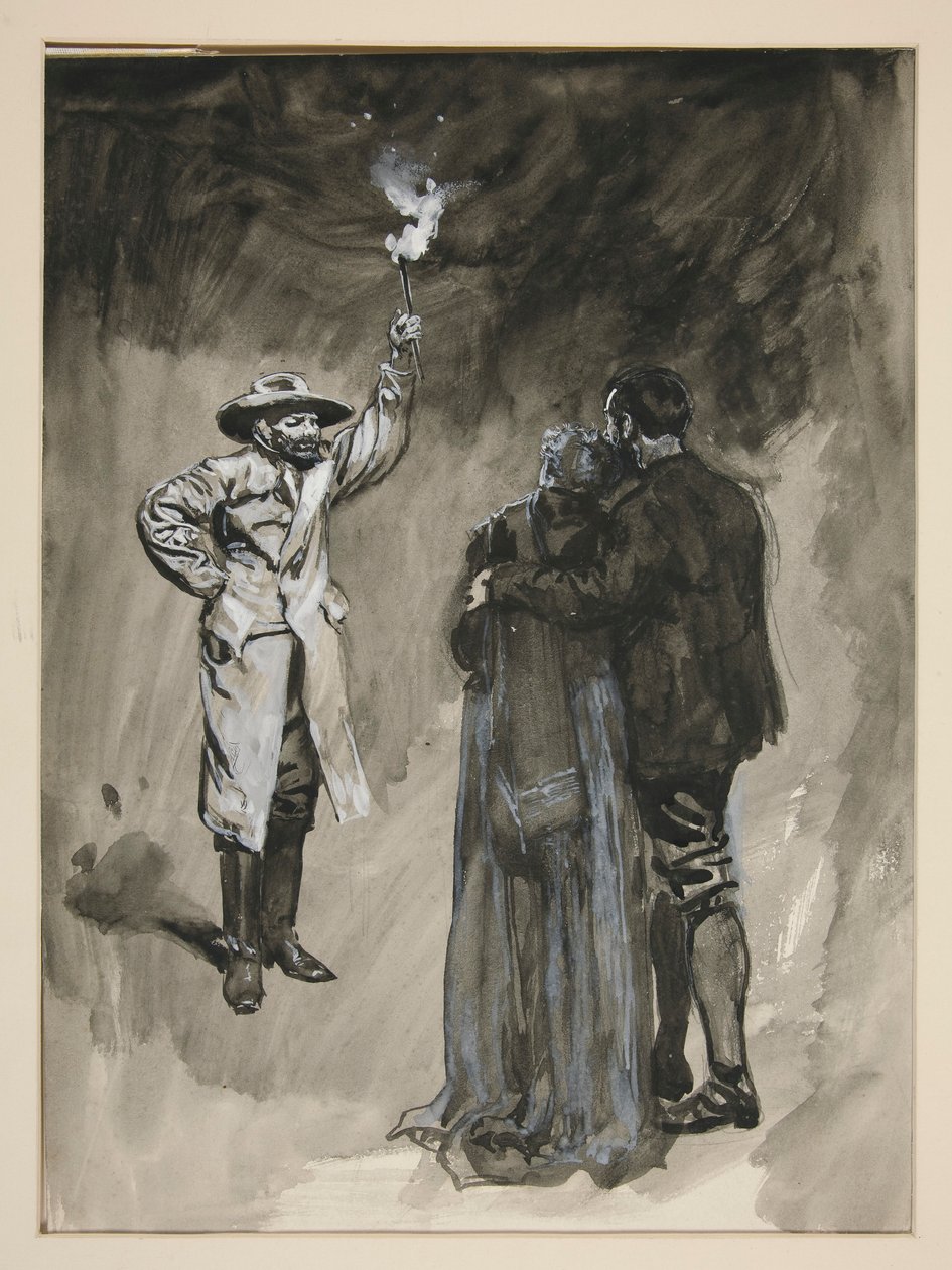 Par konfrontert i gaten av mann som holder fakkel - uidentifisert illustrasjon av Edwin Austin Abbey